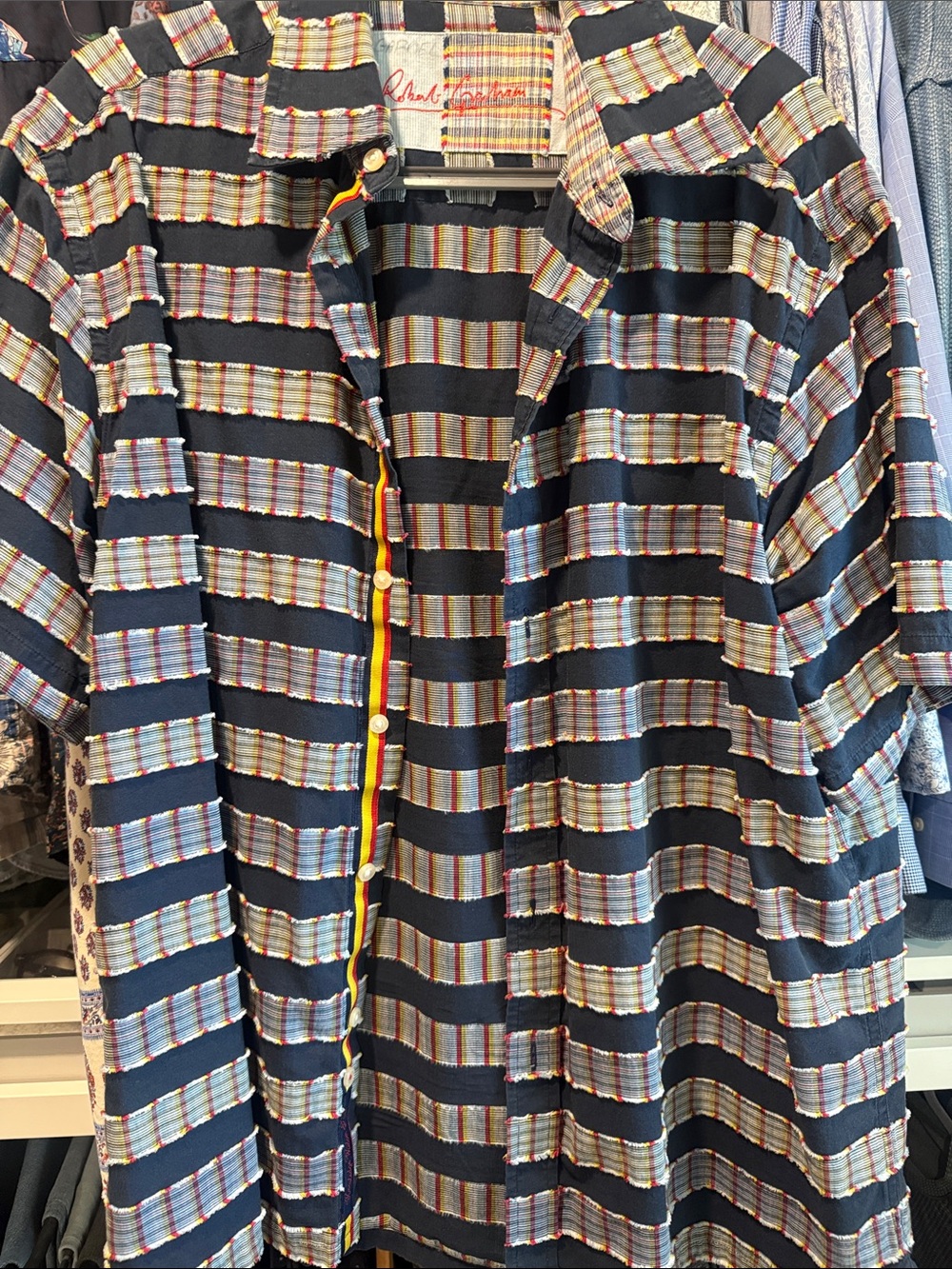Robert Graham Navy Short-Sleeve Button-Down with Multicolor Stripe Details